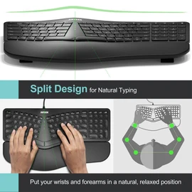 Arteck Ergonomic USB Wired Keyboard with Cushioned Wrist & Palm Rest, Backlit 7 Colors & Adjustable Brightness Comfortable Natural Split Keyboard with 6 Feet Wire for Windows Computer Desktop Laptop