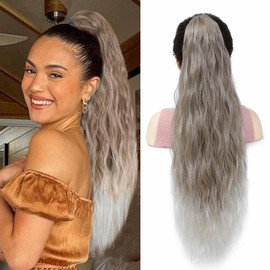 Silver Grey Platinum Blonde Ponytail Extension Drawstring Ponytail Curly Ponytail Extension for Women Pony Tails Hair Extensions 26 Inch Long Ponytail Extension Clip in Ponytail Hair Extensions