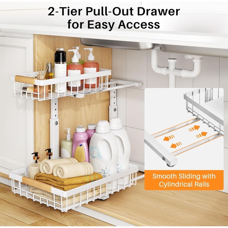 PXRACK Under Sink Organizer, Adjustable Height, 2 Tier Pull Out