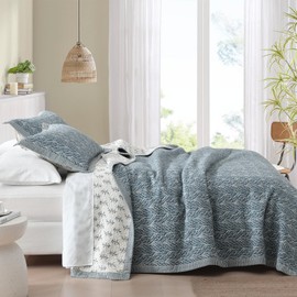 SahSahCasa Quilt Set Queen Size, 100% Cotton Quilt Bedding Set Bedspread, Botanical Pattern Solid Color Chic Lightweight Quilted Comforter for Queen Bed, White/Grayish-Blue, All Season, 3 Pieces