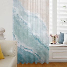 Ldtrchee Beach Sheer Curtains 63 Inches Length, Summer Abstract Coastal Volie Sheer Curtain Panel for Living Room, Blue Beige Seaside Rod Pocket Kitchen Curtains Window Treatment Drapes for Bedrooom