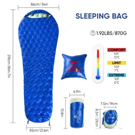 XSOG Ultralight Down Sleeping Bag for Adults, 1.92lbs 32-55F 650 Fill Down, Lightweight Compact Mummy Backpacking Sleeping Bag for Outdoor Camping and Hiking, Compressible -MFH500 (True Blue)