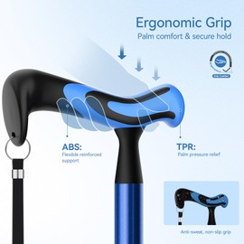 KingPavonini Walking Cane for Women/Men with Second Handle, Foldable & Adjustable Quad Cane with 4-Pronged Base for Standing, Lightweight Walking Aid for Seniors & Adults