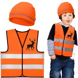 GANSHAYA 2Pcs Blaze Orange Hunting Costume Set Reflective Safety Vests and Beanie for Night Hiking Outdoor Sports Activities Fishing