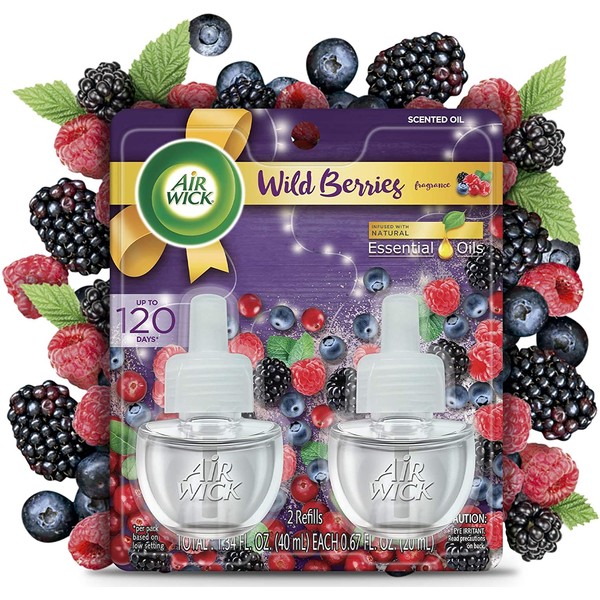 Air Wick Plug in Scented Oil 2 Refills, Wild Berries, Fall scent, Fall spray, (2x0.67oz), Essential Oils, Air Freshener, Packaging May Vary