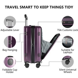 Felamondo 20-Inch Hardshell Carry-On Luggage with TSA Lock,Cup Holder, 360° Silent Spinner Wheels & Front Pocket - Lightweight suitcase for Business Travel, With Extensible Layer(Purple)