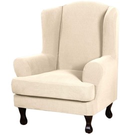 H.VERSAILTEX 2 Piece Stretch Jacquard Wingback Chair Covers Slipcovers Wing Chair Covers (Base Cover Plus Seat Cushion Cover) Furniture Covers Form Fitted Thick Soft, Biscotti Beige