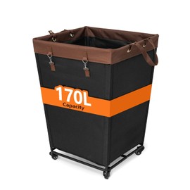COOLCAA 44 Gal Laundry Hamper with Wheels, Large Capacity Laundry Basket with Wheel and Handle, Black Fabric Rolling Dirty Clothes Hamper for Bathroom Dorm Closet Home Hotel (170L)