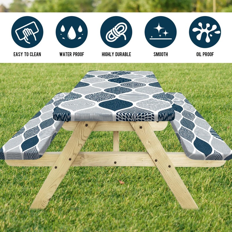JAWO Blue and Grey Picnic Table Cover with Bench Covers,