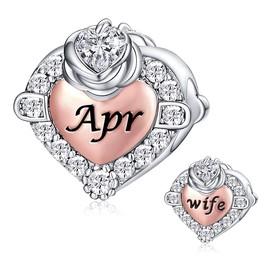 FOREVER QUEEN April Birthstone Charms for Bracelet 925 Sterling Silver Rose Gold Heart Love Wife Bead Charms Diamond Rose Flower Happy Birthday Charms for Necklace