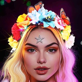 DRESBE Boho Light Up Flower Headband LED Butterfly Floral Headbands Glow Hawaii Beach Party Hair Accessories for Women (Multicolor B)