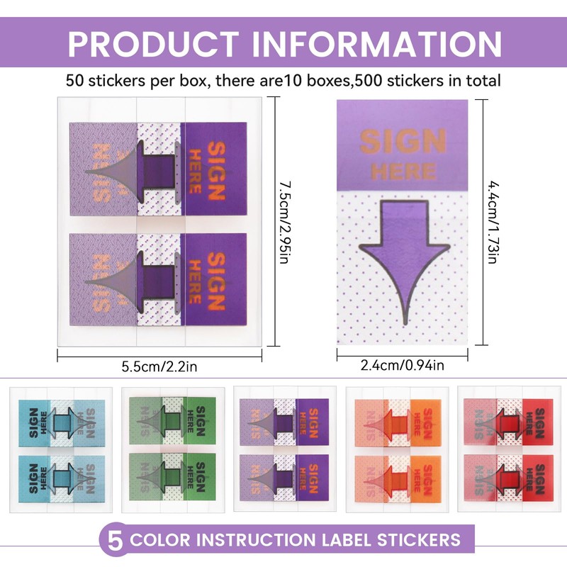 500pcs Sign Here Post It Flags, 10 Sets Post It