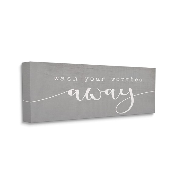 Stupell Industries Wash Your Worries Away Phrase Bathroom Relaxation, Designed by Daphne Polselli Canvas Wall Art, 13 x 30, Grey