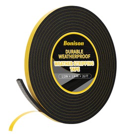 Weather Stripping - 1/2" x 1/4" x 26Ft Door Seal Strip High Density Foam Insulation Tape, Self Adhesive Soundproof Gap Filler for Doors, Windows, Sliding Door and AC Units（Black）