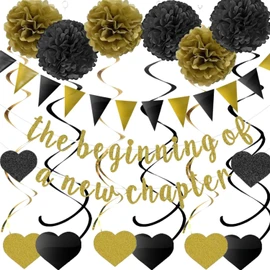 The Beginning of a New Chapter Banner Funny Farewell Graduation Farewell Moving Away Retirement Party Decorations Supplies Hanging Garland Pompoms Bunting Backdrop New Home Job Change Black Gold