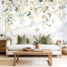 decalmile Wall Sticker Flowers White Large Wall Sticker Hanging Vine Flowers Leaves Wall Sticker Children's Room Girls Bedroom Living Room Wall Decoration