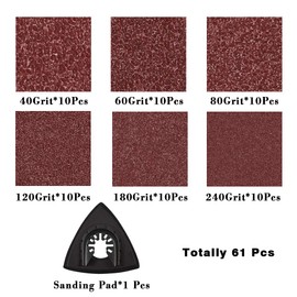 SPEEDWOX 61 Pcs 3-1/8 Inches 80mm Triangle Hook and Loop Sanding Discs with ABS Oscillating Sanding Pad Assorted 40/60/80/120/180/240 Grits Detail Sander Sandpaper