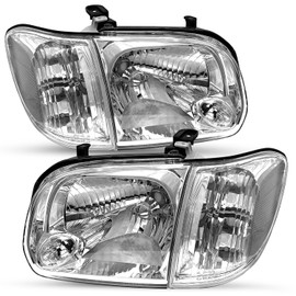 SOCKIR Headlight Assembly Replacement Fit for 05-06 Tundra & 05-07 Sequoia Double/Crew Cab 4-Door (Chrome Housing with Clear Reflector)