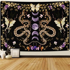 Uspring Snake Boho Mandala Wall Hanging - Moon Phase Floral Plants Large Butterfly Tapestry for Bedroom Aesthetic, Black Purple (59.1 x 82.7 inches)