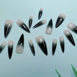 Glitter Press on Nails Long Stiletto Black French Fake Nails Shiny Nails Long Ballerina Artificial Acrylic Nails Reusable False Nails with Glue on Nails Natural Stick on Nails for Women Charm Manicure