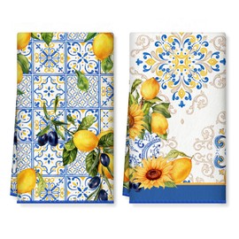 Arquiel Kitchen Towels Set of 2, Tea Towels Soft 100% Microfibre Lemon Kitchen Towel Set Super Absorbent Thick High-Quality Kitchen Drying Towel Bar Towels Spring Summer 40 x 60 cm