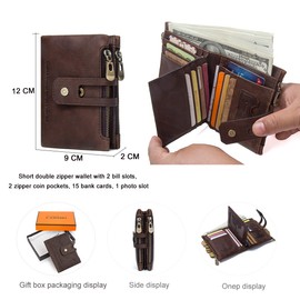 Mens Wallet Leather -Mens Genuine Leather RFID Blocking Trifold Double Zipper Coin Pocket Credit CardPurse with ID Window