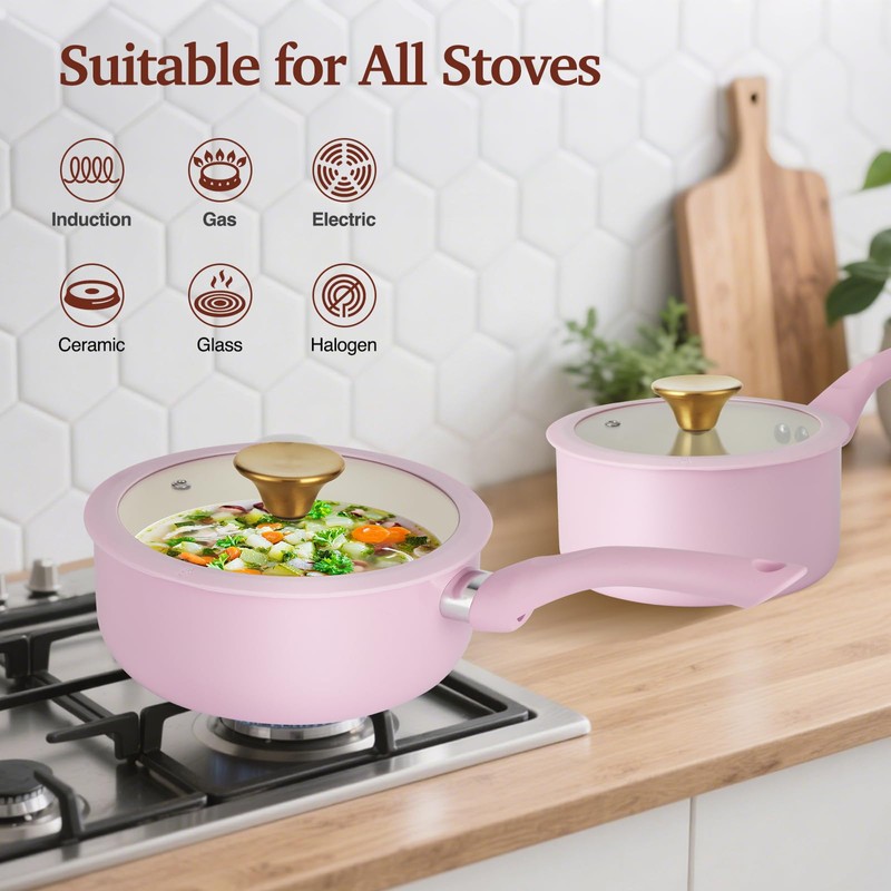 M MELENTA Pots and Pans Set Non Stick, Pink Ceramic