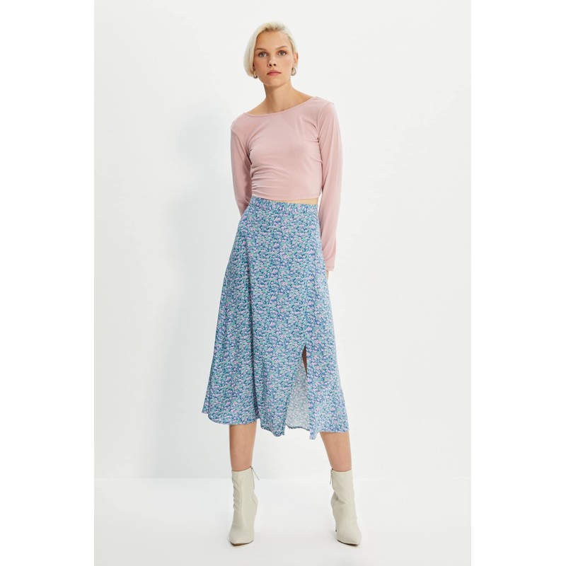 TRENDYOL Women's Tile Flower Pattern Tip Detailed Skirt, blue