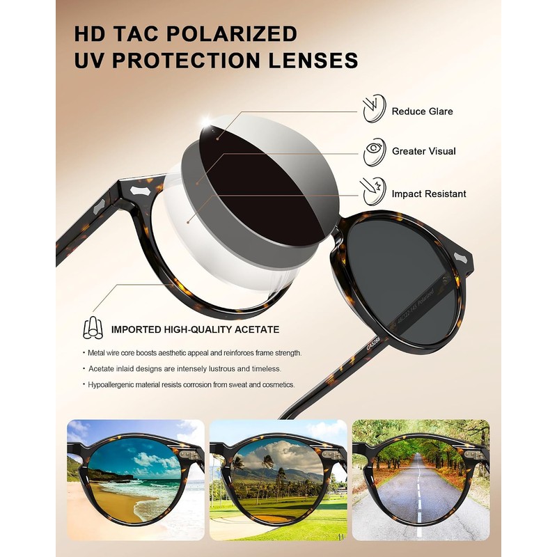 CARFIA Gafas de Sol Redondas para Mujer Rostro Pequeño Acetato