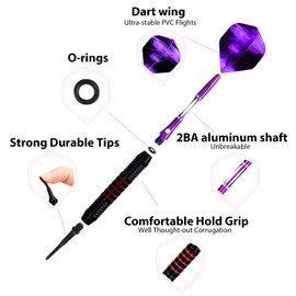 Darts with Plastic Tip for Electronic Dartboard, Set of 3, Soft Darts Set, 18 g Professional Soft Darts and Extra Shaft Flights, Dart Tips, Anti-Loose Rubber Rings (Purple)