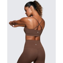 CRZ YOGA Butterluxe Womens Adjustable Spaghetti Thin Strap Sports Bra - Padded Wireless Square Neck Workout Yoga Clothes Coffee Brown X-Large