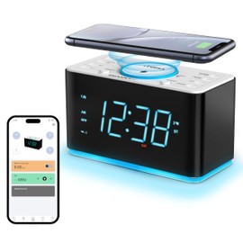 iTOMA Radio Alarm Clock, 15 Watt Wireless Charger, App Control, Bluetooth, USB Port, Dual Alarm, Snooze, Dimmer, 1.4 Inch Display, Ice Blue LED Night Light CKS207 (207A)