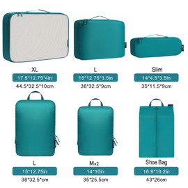 Bagail - Juego de 7 cubos de embalaje ultraligeros, 3 cubos de embalaje de compresión, 3 organizadores de embalaje con 1 bolsa de zapatos, verde azulado, Large