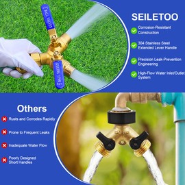 Hose Splitter 2 Way Heavy Duty Garden Hose Splitter with 304 Stainless Steel Long Handle Outdoor Full Flow Hose Splitter Connector,Y Valve 3/4 Inch GHT Thread