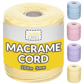 Creative Deco 200 m Pastel Yellow Macrame Yarn Cotton Polyester | 656 Feet | 2-3 mm Thickness | Cotton Cord Cotton Cord Cotton Cord Large Rope Roll Strong | Craft Knitting