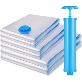 Vacuum Storage bags of 7 combo packs, 2 JUMBO (100 X 80), 2 LARGE (80 X 60), 2 MEDIUM (70 X 50) and 1 Hand Pump, Reusable & Suitable for Clothing, Coats, Toys, Pillows, Blankets and Duvets.