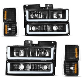 AUTOSAVER88 LED DRL Headlights Assembly Compatible with 1994-1999 Chevy C/K C10 Suburban Tahoe Headlight Headlamp Replacement with Corner Light Chrome Housing Amber Reflector