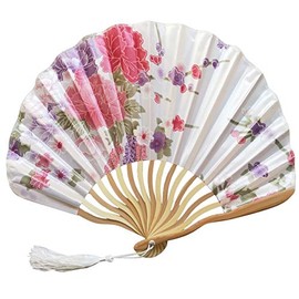 1SourceTek Silk Hand Held Folding Fans 8.27 inches (21cm) Women Hand Held Folding Fans With a Fabric Sleeve Protection for Gifts - Chinese Retro Style (White)