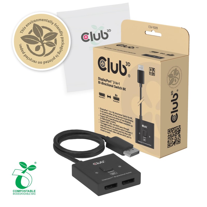 Club 3D DisplayPort Bi-Directional Switch, 8K60Hz / 4K120Hz, 2 Inputs,