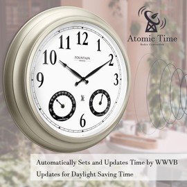 Fountain Designs 20" Evander Outdoor Atomic Clock with Thermometer & Hygrometer, Weather Station, Modern Farmhouse Style, Wall Décor and Timepiece for Home & Office, (Morning Silver)