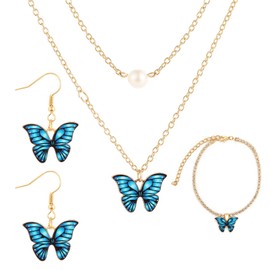 3Pcs Butterfly Pendant Necklace Bracelet Earrings Set for Women Vintage Charm Colorful Morpho Moth Wing Insect Animal Lightweight Jewelry Set for Birthday Valentine Wedding Fashion Jewelry Gifts (Blue)