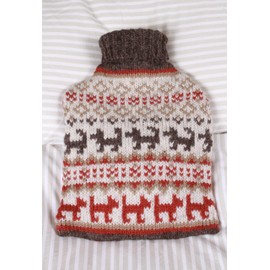 Pachamama Handknitted 100% Hot Water Bottle Cover and 2 Litre Hot Water Bottle - Dog Walking Pattern Handmade Fair Trade Multicoloured Thermal