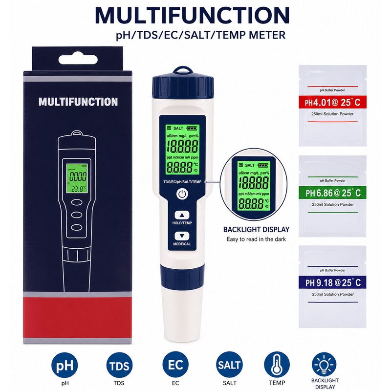 5-in-1 Digital Water Tester for Pools & Aquariums – pH,