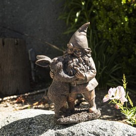 Happy Garden Gnome Bronze Finish Resin Figurine (with Rabbit)