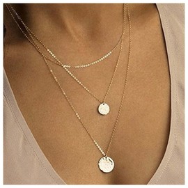 Allereya Vintage Layered Coin Disc Choker Necklace Gold Coin Pendant Necklace Hammered Disc Necklace Geometric Round Circle Necklace Jewelry for Women and Girls