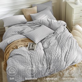 JELLYMONI Light Grey Duvet Cover King Size, 3pcs Washed Microfiber Bedding Set, Soft Breathable Seersucker Duvet Cover Set with Zipper Closure and Corner Ties for All Seasons