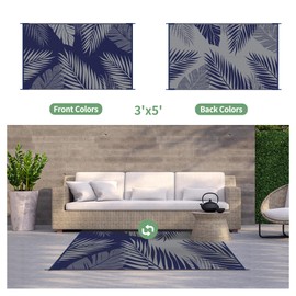 GENIMO Outdoor Rug 3' x 5' Waterproof for Patios Clearance, Reversible Outdoor Plastic Straw Camping Rug Carpet, Large Area Rugs Mats for RV, Camper, Deck, Balcony, Porch, Beach, Picnic Navy Blue&Grey