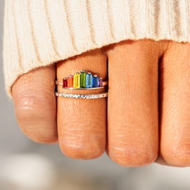 STORYJEWELLERY Rainbow Ring, Colorful Rings for Women, 925 Sterling Silver Adjustable Rings for Women, Double Band Baguette Ring, Womens Gifts, Size 7