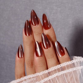 KQueenest Cat Eye Press On Nails Almond Medium, 30 Pcs Glitter Brown Press On Nails Summer, Sparkly Fake Nails With Glue, Luxury Glass Nails Press ons, Reusable Stick on Nail for Women Gift