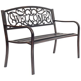 S AFSTAR Garden Bench, Outdoor Metal Porch for Park Garden Yard, Patio Bench with Weather-Resistant Cast Iron Backrest and Welcome Pattern (Bronze)
